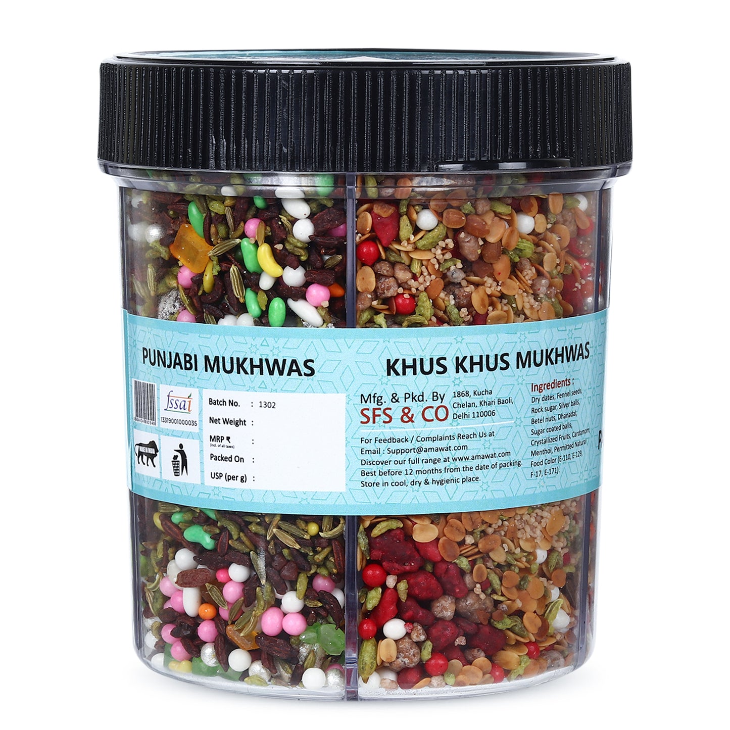 Jar of Punjabi Mukhwas with colorful ingredients on a white background