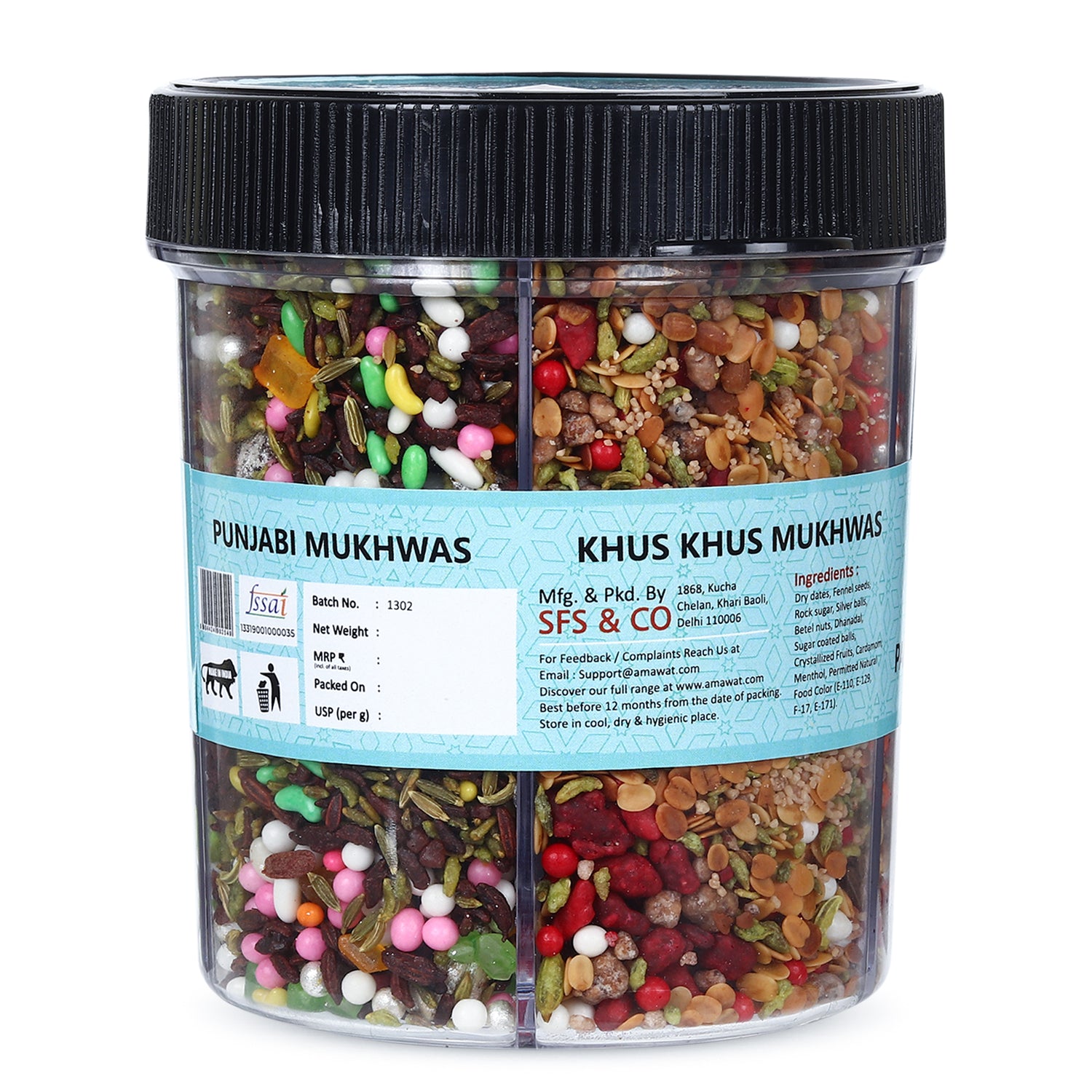 Jar of Punjabi Mukhwas with colorful ingredients on a white background