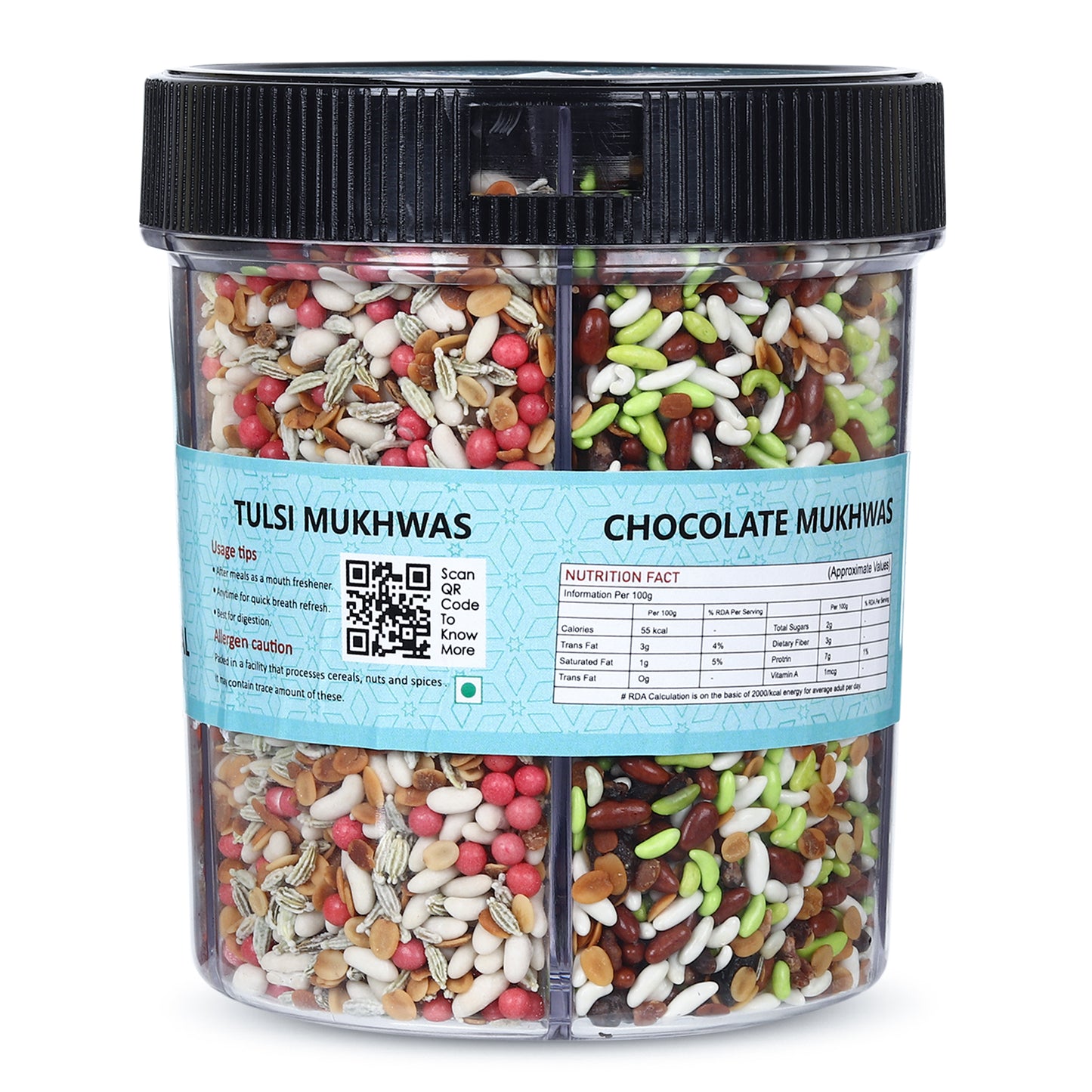 Container of Tulsi Mukhwas with two compartments, one labeled 'Tulsi Mukhwas' and the other 'Chocolate Mukhwas', on a white background.