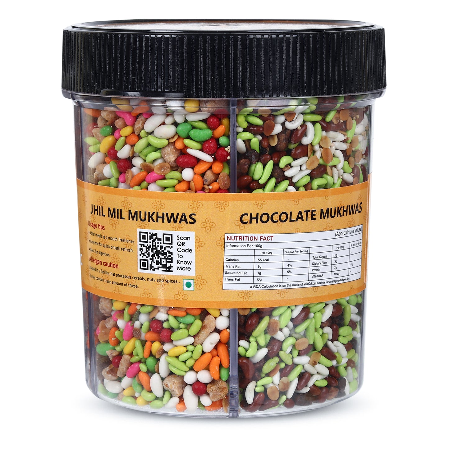 Jar of colorful Jhil Mil Mukhwas with a black lid on a white background