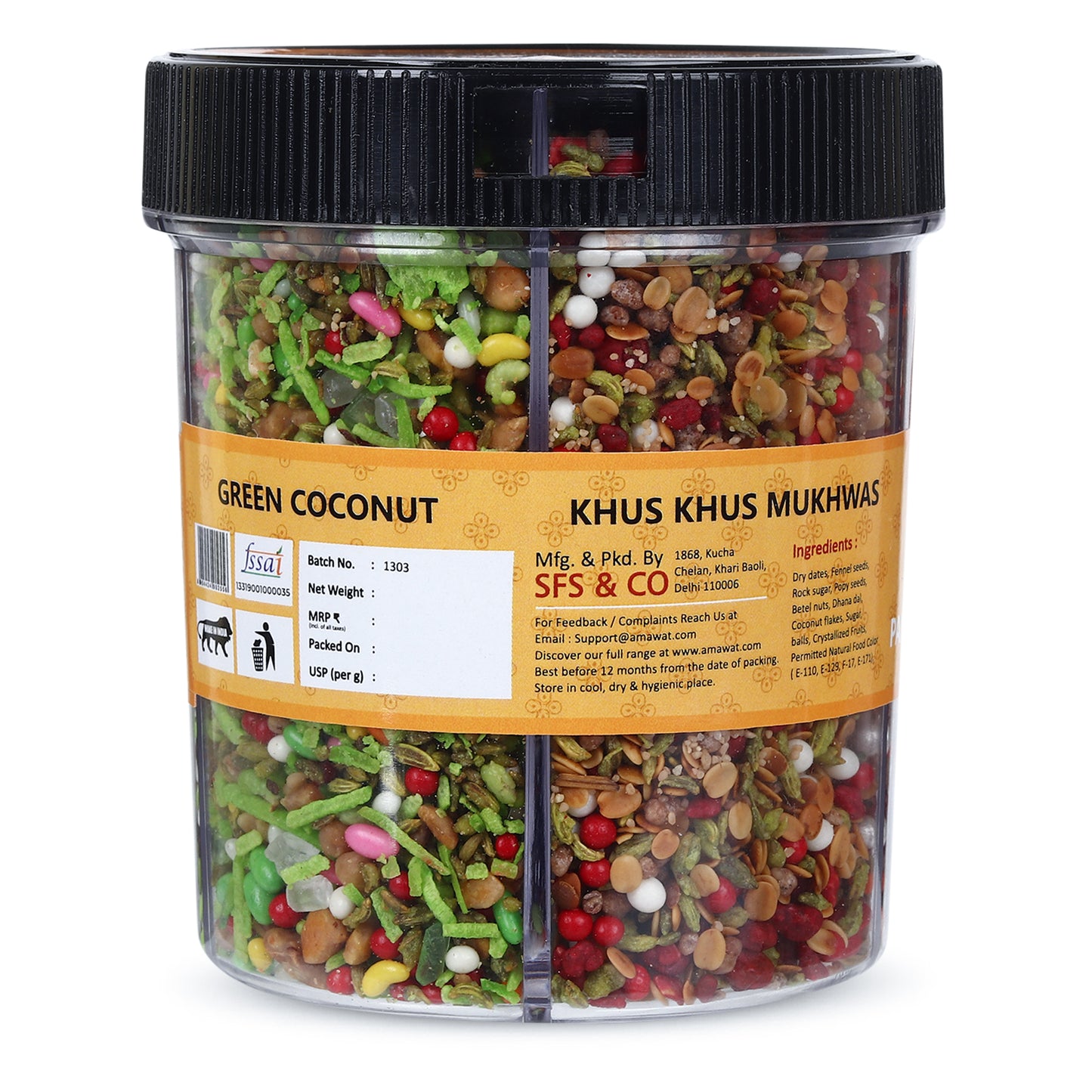 Jar of colorful Khus Khus Mukhwas with a visible label on a white background