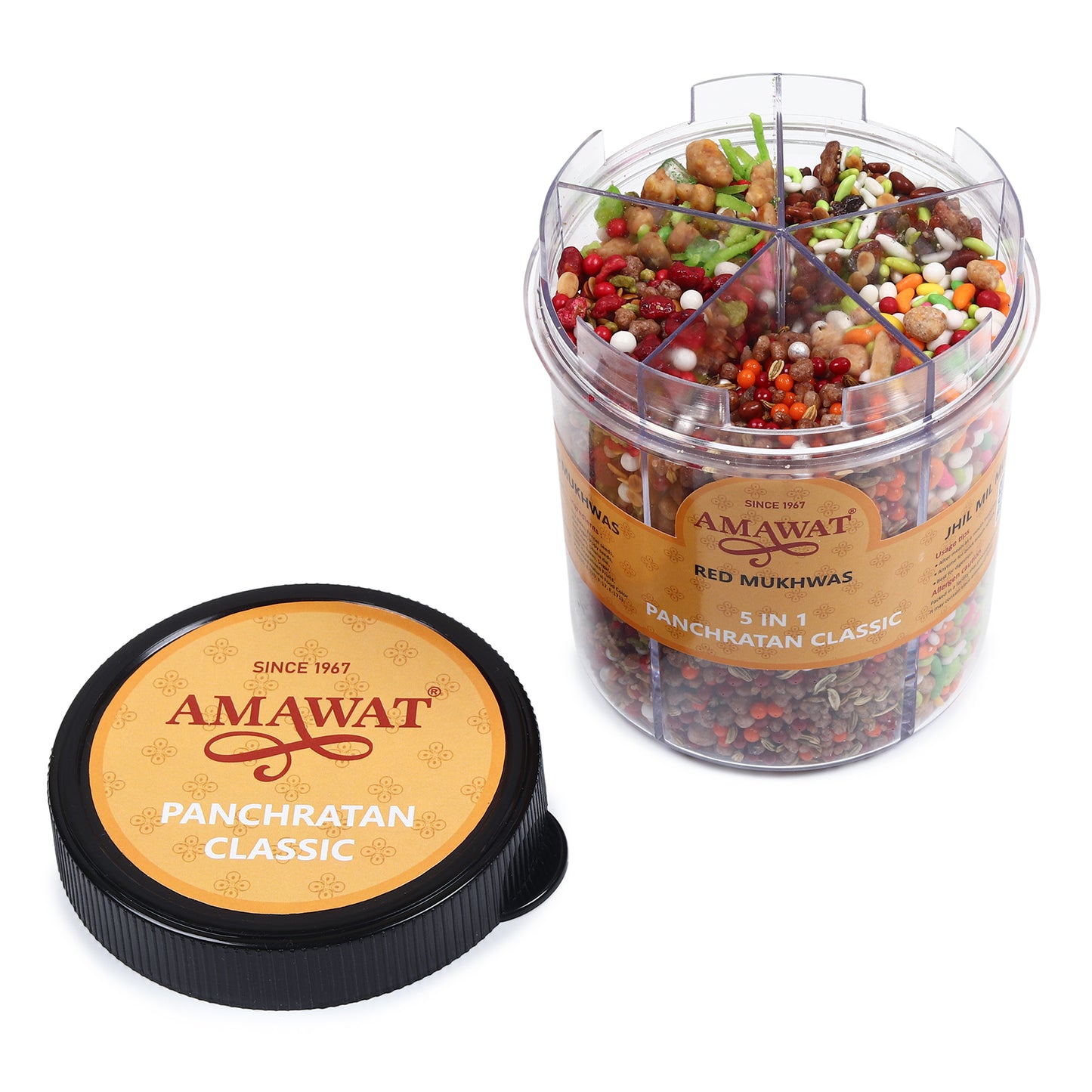 Amawat Panchratran Classic container with colorful mukhwas on a white background